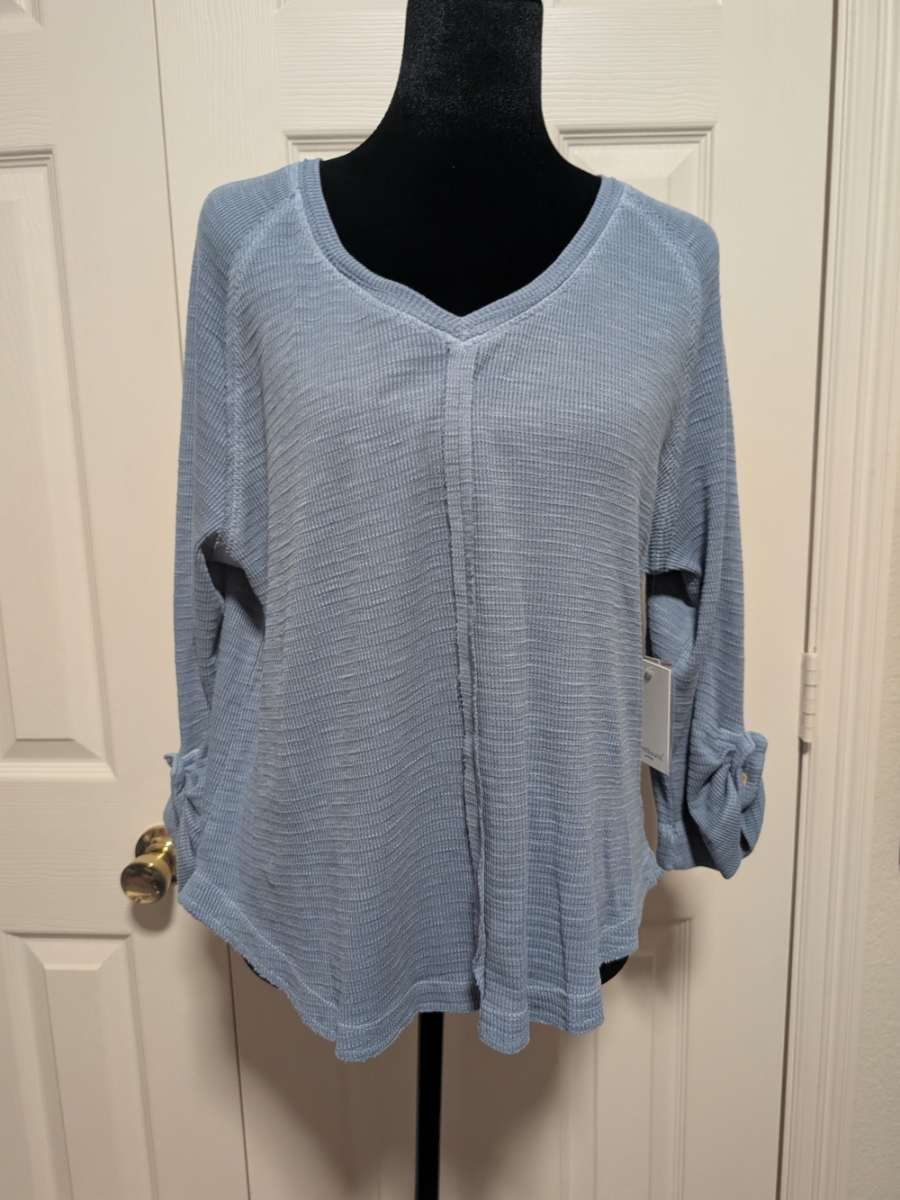 Westbound Light Blue V-Neck Waffle Knit Roll-Tab Sleeve Top